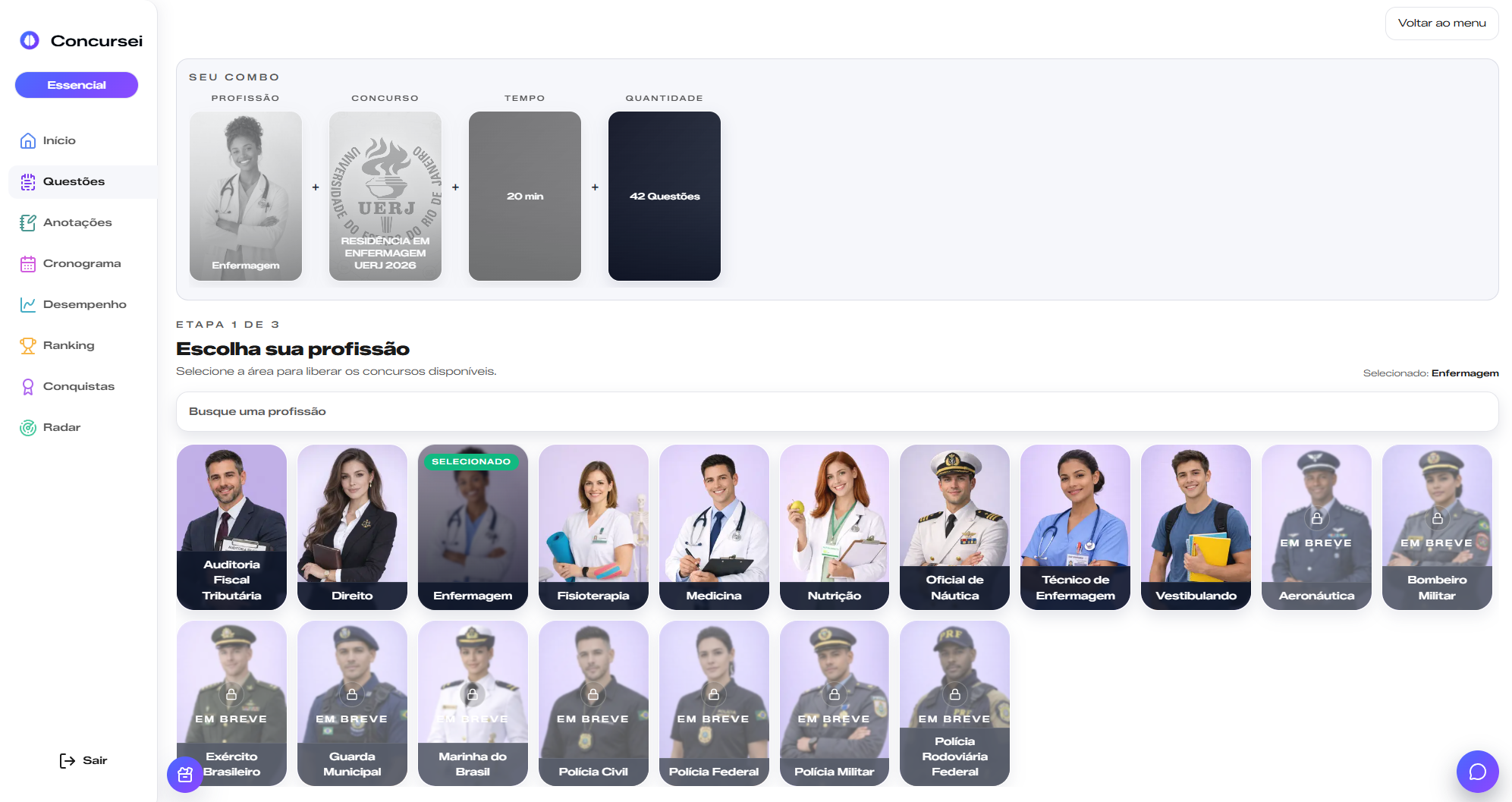 Tela de escolha de foco no sistema