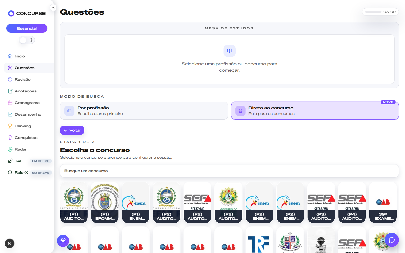 Interface de seleção de questões e filtros por matéria
